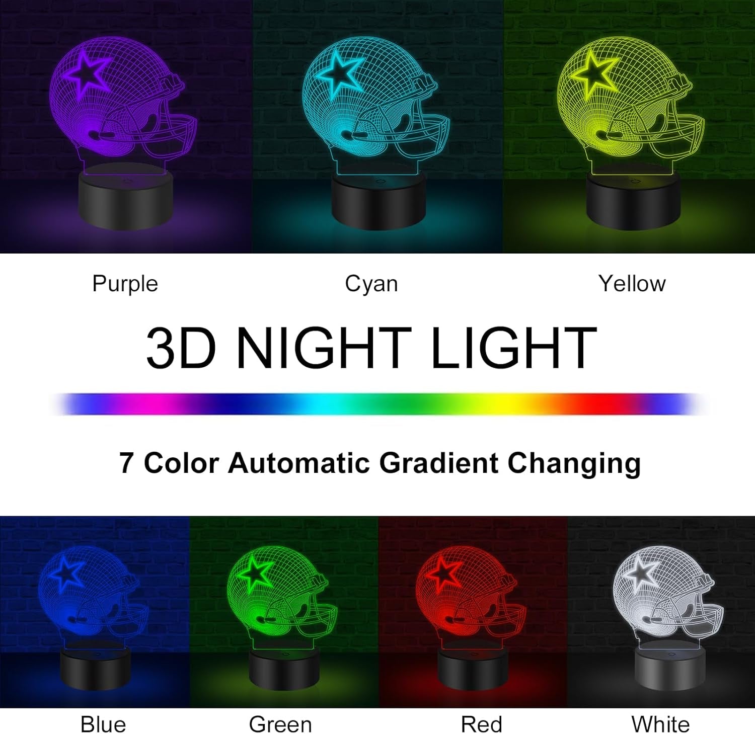 3D Illusion Night Light Desk Lamp, 7 Colors Auto Gradual Changing USB Powered LED Lights with Touch Switch for Kids Gifts Home Decoration (Baseball Helmet)